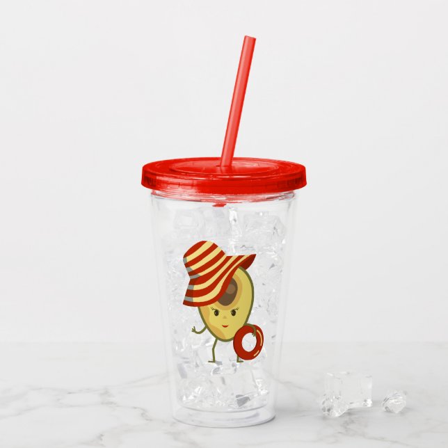Copo De Acrílico Avocado, garota de praia com chapéu de sol e anel  (Gelo traseiro)