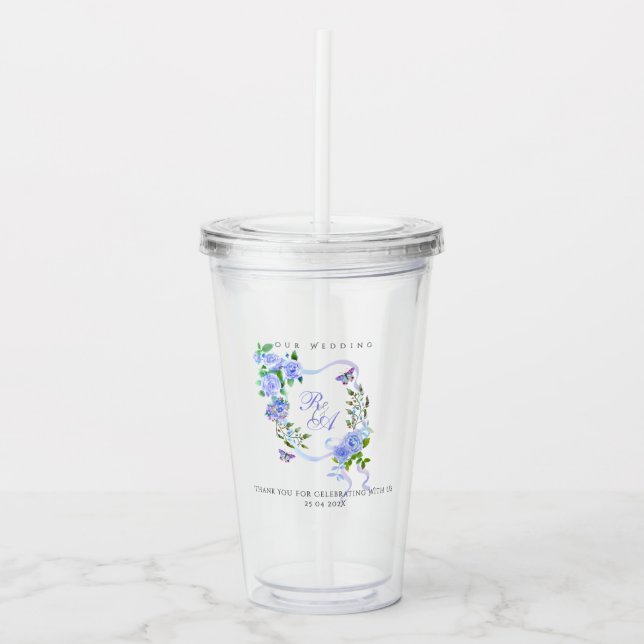 Copo De Acrílico Blue Rose Ribbon Monogram Wedding  (Frente)