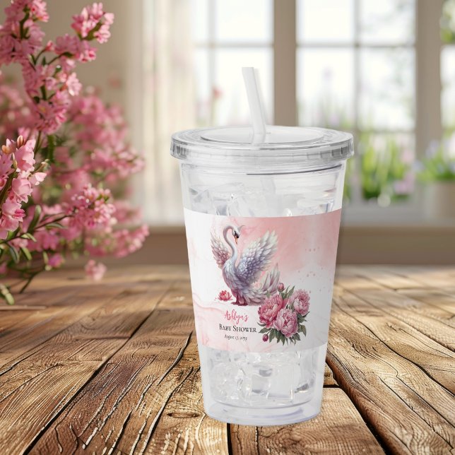 Copo De Acrílico Bonito Chá de fraldas De Rapariga Floral Rosa-Rosa (Beautiful Swan Pink Floral Peonies Girl Baby Shower Acrylic Tumbler)
