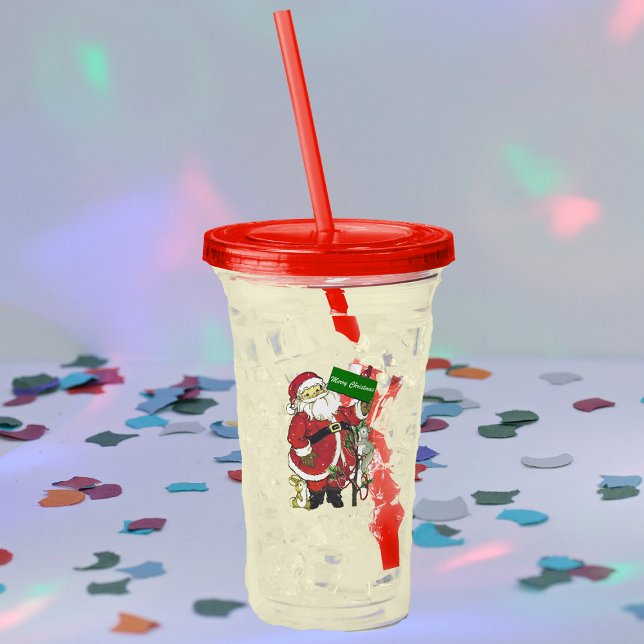 Copo De Acrílico Bons Papais noeis de Natal Bons Animais Pequena Ár (Santa Clause decorated tree with cute little forest animals on acrylic drink tumbler for Christmas.)