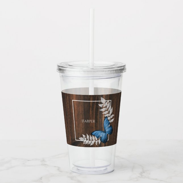 Copo De Acrílico Borboleta Azul Rústica Tumbler Acrílico Personaliz (Frente)