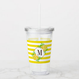 Copo De Acrílico Bright Yellow Stripes Citrus Fruta Slices Monogram