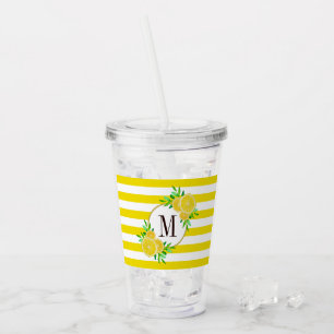 Copo De Acrílico Bright Yellow Stripes Citrus Fruta Slices Monogram