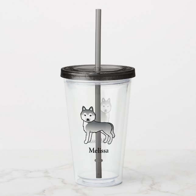 Copo De Acrílico Cão Husky Siberiano Prateado & Nome Personalizado (Frente)