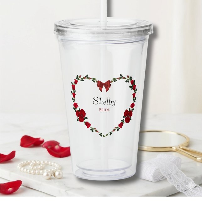 Copo De Acrílico Copo Acrílico Rosa Vermelha Romântica Noiva Para S (Personalized Bride Tumbler with Romantic Red Rose Heart Wreath for Wedding Morning)