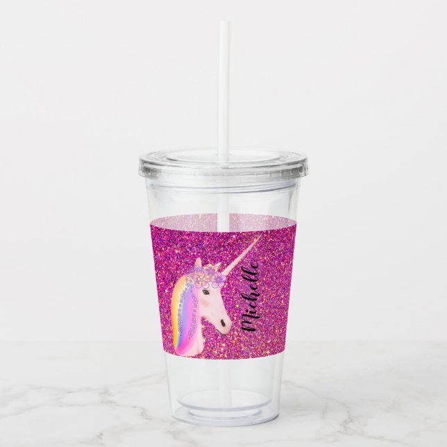 Copo De Acrílico Cor-de-rosa - Rainbow Unicorn Glitter Sparkles Gir (Frente)