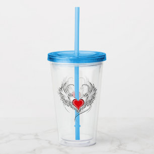 Copo De Acrílico Coração Anjo Vermelho com asas