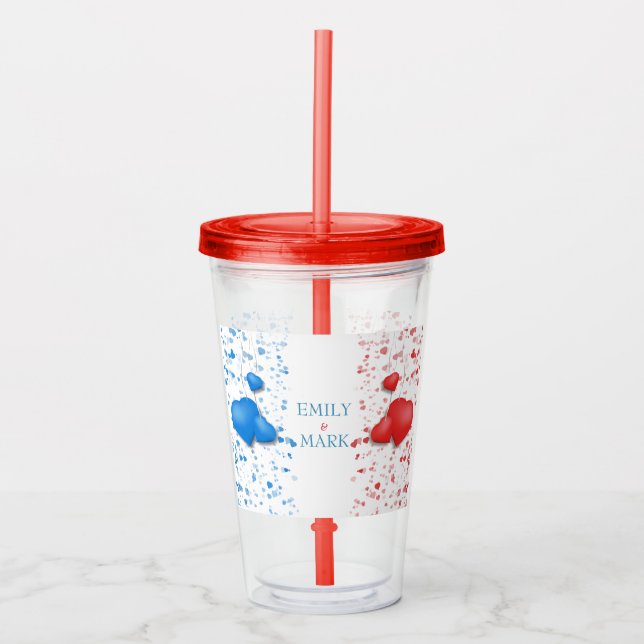 Copo De Acrílico Corações Vermelho E Azul (Frente)