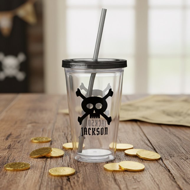 Copo De Acrílico Crânio e Crossbones Nome Pirata Acrylic Tumbler (Add yer pirate name!)