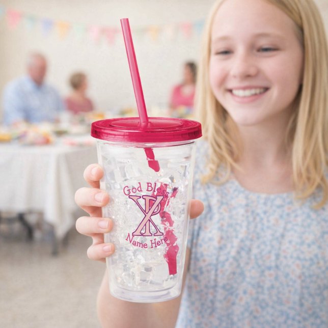 Copo De Acrílico Cruz Cristã Chi Ro Rosa Personalizada (Personalized acrylic tumbler with pink Christian ChiRo Cross. Above reads GOD BLESS. Below, name.)