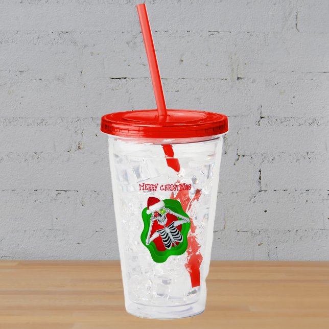 Copo De Acrílico Divertido Feliz Natal Ornamento de Esqueleto Splat (Happy Skeleton Santa Hat ornaments in round wavy shape on Merry Christmas acrylic drink tumbler.)