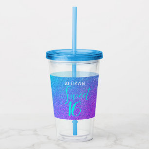 Copo De Acrílico Doce 16 Aniversário Glitter Roxo Personalizado
