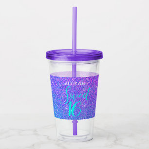 Copo De Acrílico Doce 16 Aniversário Glitter Roxo Teal Personaliza