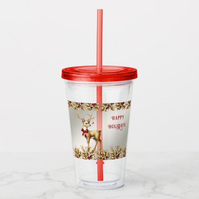 Copo De Acrílico Dourada Reindeer Holiday Acrylic Tumbler (Frente)