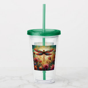 Copo De Acrílico Dragonfly Floral Abstrato-Art Teal Rosa
