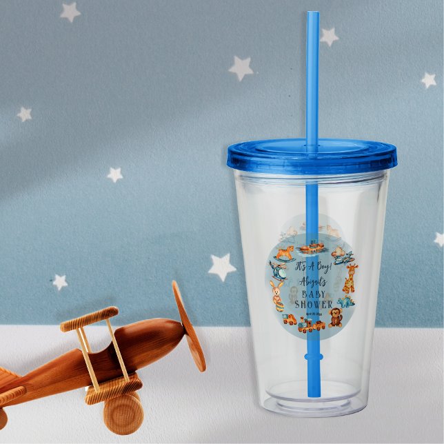 Copo De Acrílico É um menino Wooden | Chá de fraldas de brinquedos  (Wooden and Stuffed Toys "It's A Boy" Blue Baby Shower Acrylic Tumbler)