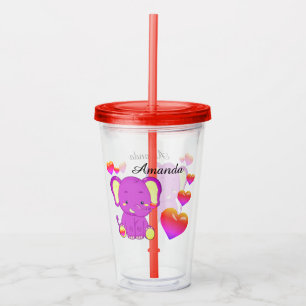 Copo De Acrílico Elefante-Rosa-Rosa-Rosa-Corações-Raparigas