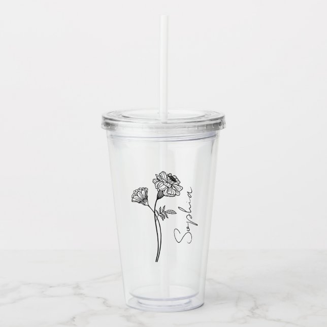 Copo De Acrílico Escrito Elegante Marigold Outubro Nascimento Nome  (Frente)