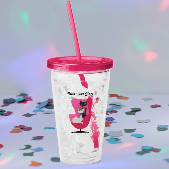 Copo De Acrílico Estilo de 1950 Cadeira Rosa com dois Gatos-Rico (1950's style cats in bright pink chair on acrylic drink tumbler.)