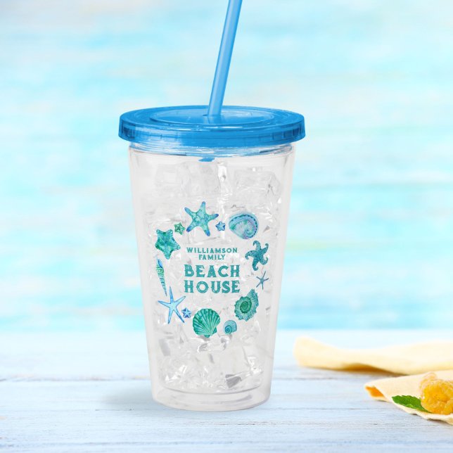 Copo De Acrílico Familiar Beach Coastal Blue Seasheles (Family Beach House Coastal Blue Seashells Acrylic Tumbler)