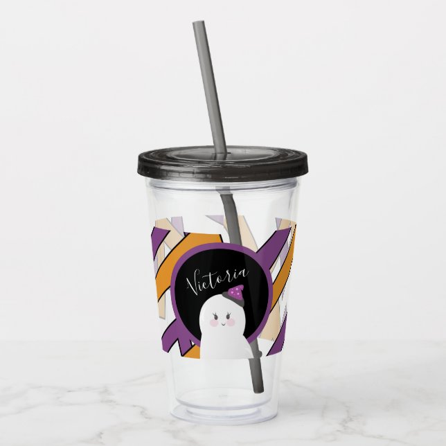 Copo De Acrílico Fantasma de Halloween Fofo Padrão Roxo (Esquerda)
