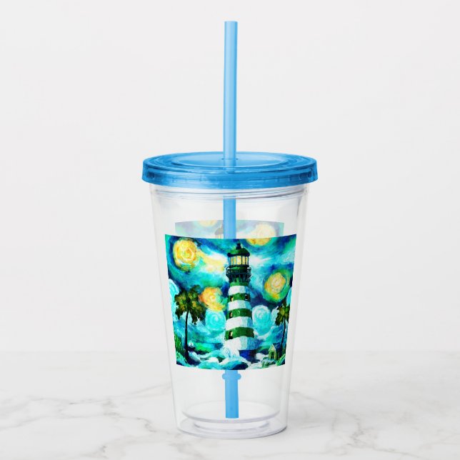 Copo De Acrílico Farol tropical e Palmeiras Verdes (Frente)