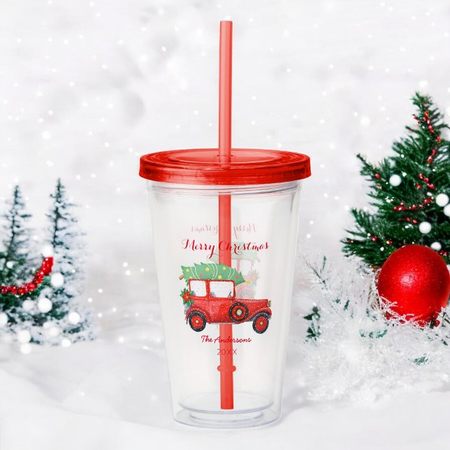 Copo De Acrílico Feliz Natal Red Truck Acrylic Tumbler (Criador carregado)