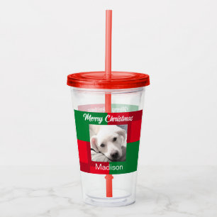 Copo De Acrílico Feriado de Foto de Cachorro Vermelho e Verde