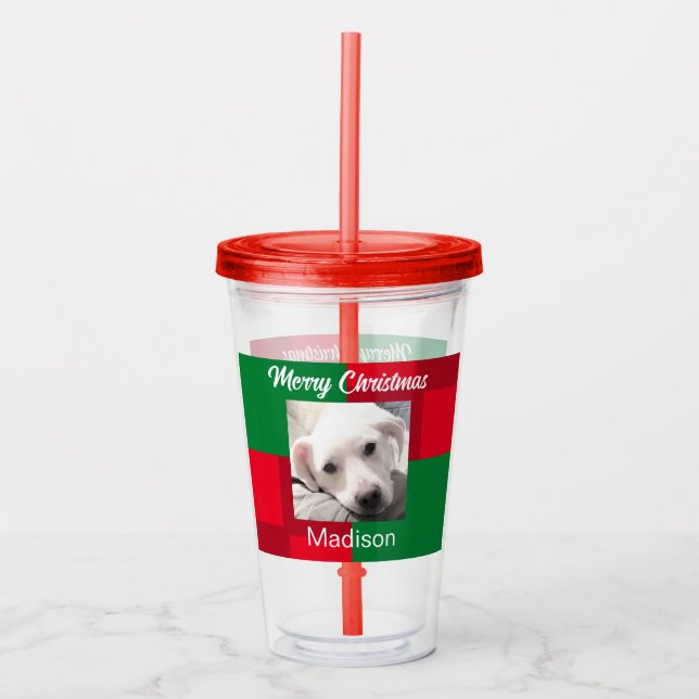 Copo De Acrílico Feriado de Foto de Cachorro Vermelho e Verde (Frente)