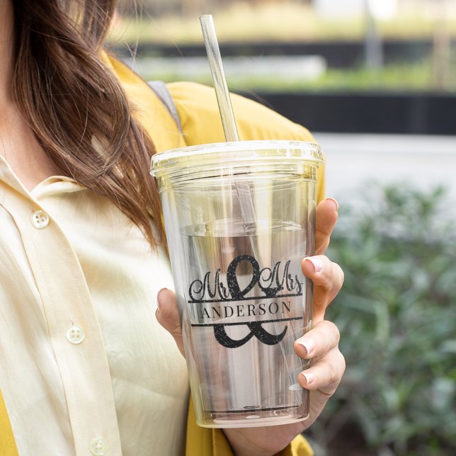 Copo De Acrílico Festa de casamento Preta Sr & Sra. Monograma Perso (Criador carregado)