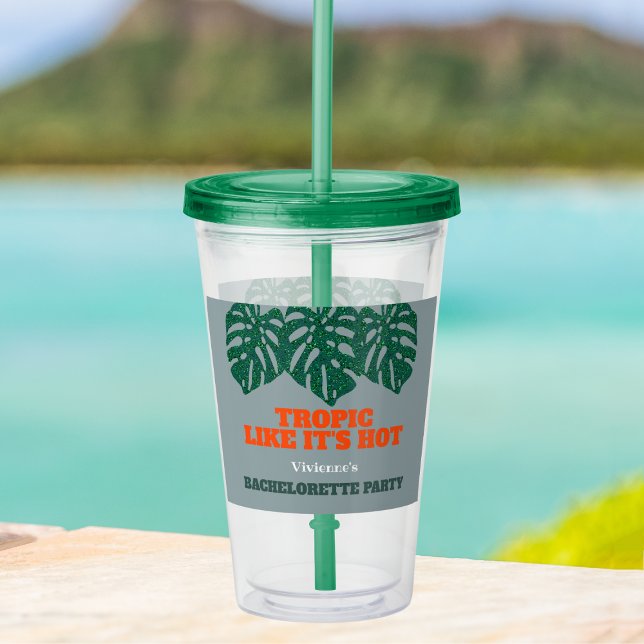 Copo De Acrílico Festa de solteira tropical Monstera Boas-vindas (tropic like it's hot tropical bachelorette party tumbler with green glitter monstera leaves)