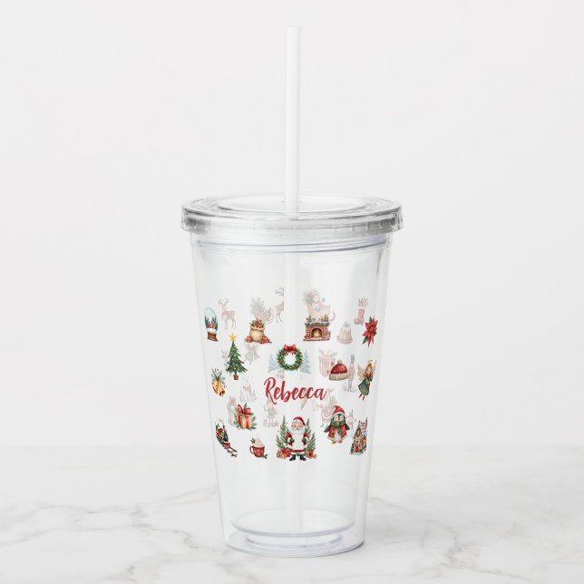 Copo De Acrílico Festive Watercolor Christmas Icons Holiday Tumbler (Frente)