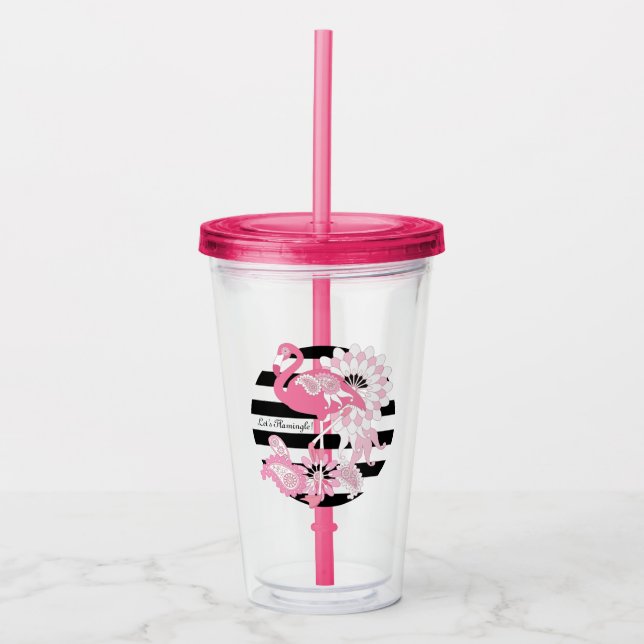 Copo De Acrílico Flamingo Rosa Caprichoso Listras Pretas e Brancas (Frente)
