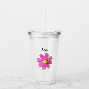 Copo De Acrílico Flor de Cosmos Rosa Vivo com uma Abelha Personaliz