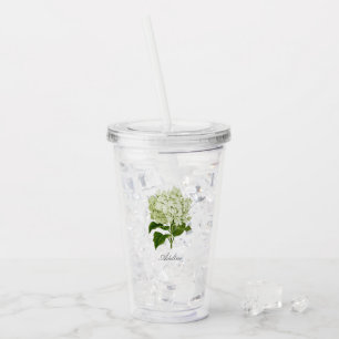 Copo De Acrílico Flor Verde e Branco Hydrangea com Nome