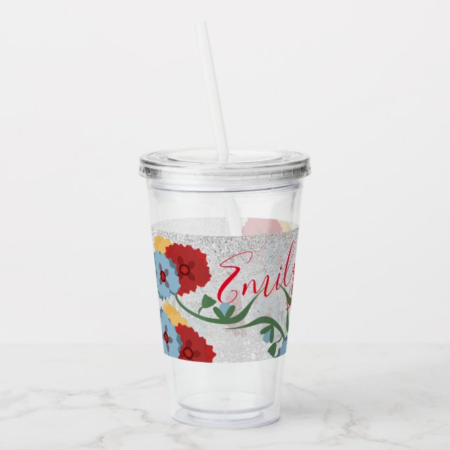 Copo De Acrílico Florais mexicanos - Nome Monograma Verde Sparkle (Esquerda)