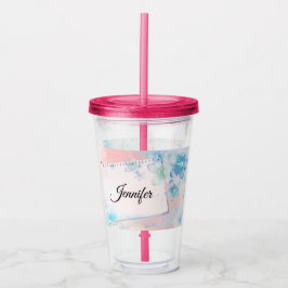 Copo De Acrílico Flores Azuis bonito em Fundo Rosa