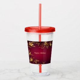 Copo De Acrílico Flores Douradas Vermelhas Burgundy Tumbler Acrílic