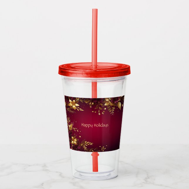 Copo De Acrílico Flores Douradas Vermelhas Burgundy Tumbler Acrílic (Frente)
