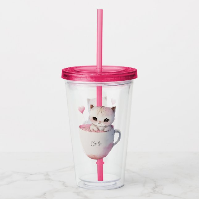 Copo De Acrílico Gato branco-rosado e bonito numa Taça de chá (4) (Frente)