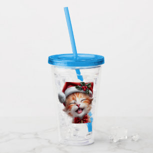 Copo De Acrílico Gato de Natal bonito com Chapéu Santa e Arco