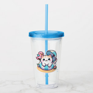 Copo De Acrílico Gato kawaii fofo na praia