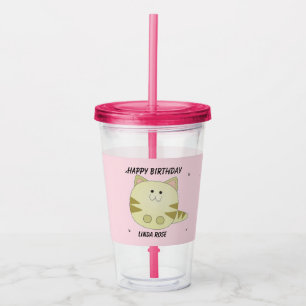 Copo De Acrílico Gato marrom fofo padrão rosa aniversário feliz