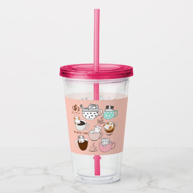 Copo De Acrílico Gatos em Xícaras de Café (Frente)