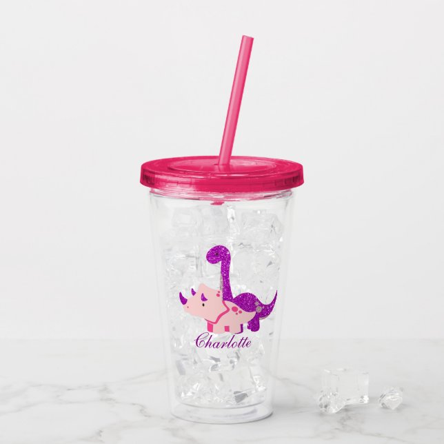 Copo De Acrílico Girly Dinosaur Glitter Personaliza Tumbler Acrílic (Gelo traseiro)