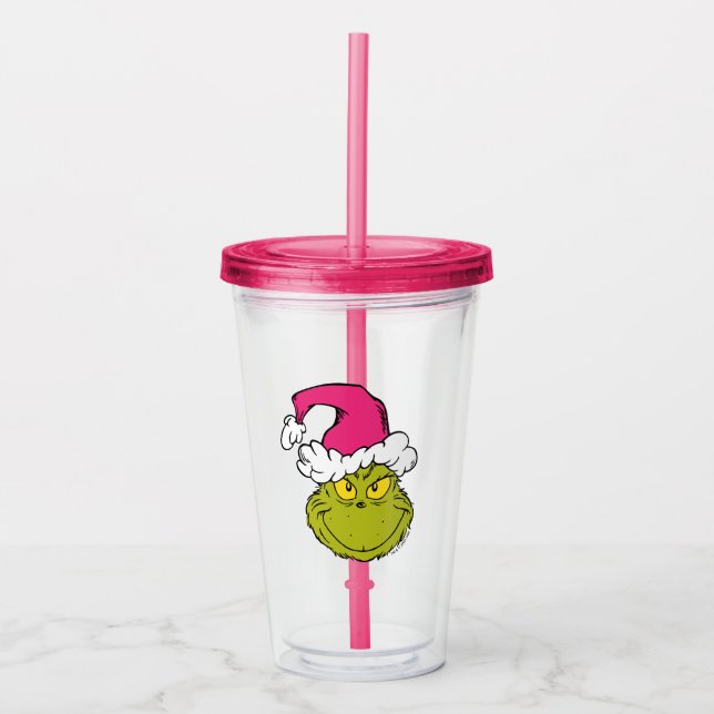 Copo De Acrílico Grinch com Chapéu de Papai Noel Rosa (Frente)