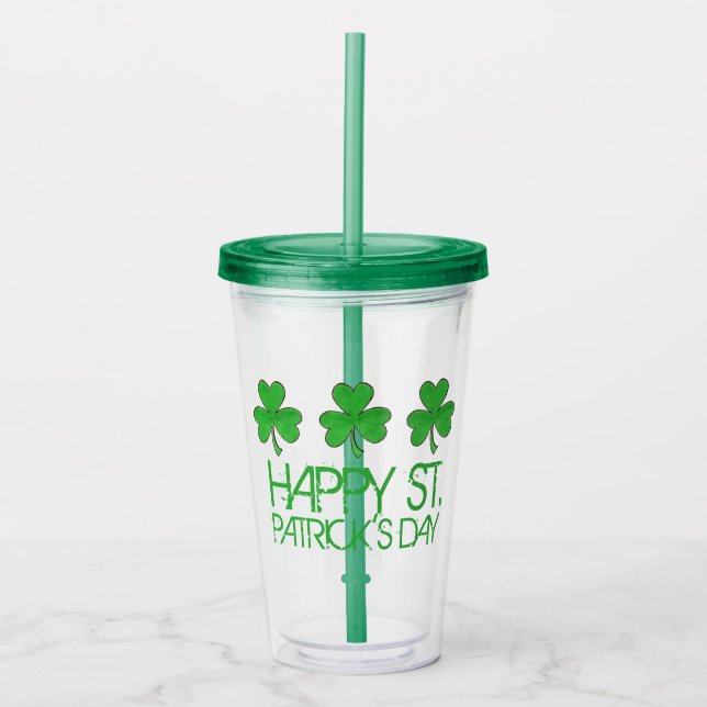 Copo De Acrílico Happy Saint Patrick's Day Green Shamrock Clovers (Frente)