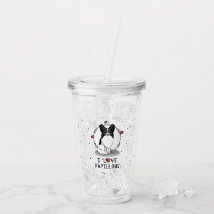Copo De Acrílico I Love Papillons (branco e preto) Hearts Dogs Cute