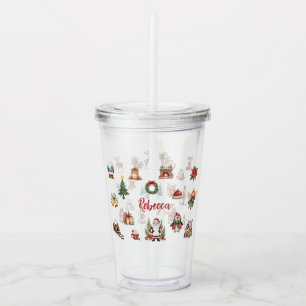 Copo De Acrílico Ícones Natalinos em Aquarela para Tumbler de Féria