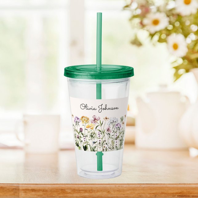 Copo De Acrílico Jardim de Flores Silvestres com Nome Personalizado (In situ)